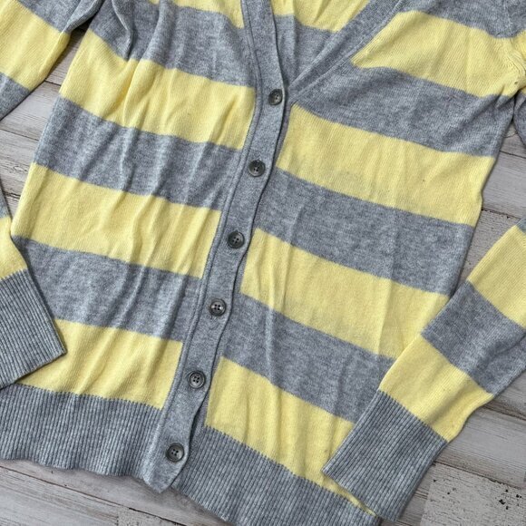 Vtg‎ Y2k GAP Gray Yellow Colorblock Stripe Cardigan Sweater Cashmere Womens Med - Picture 2 of 6